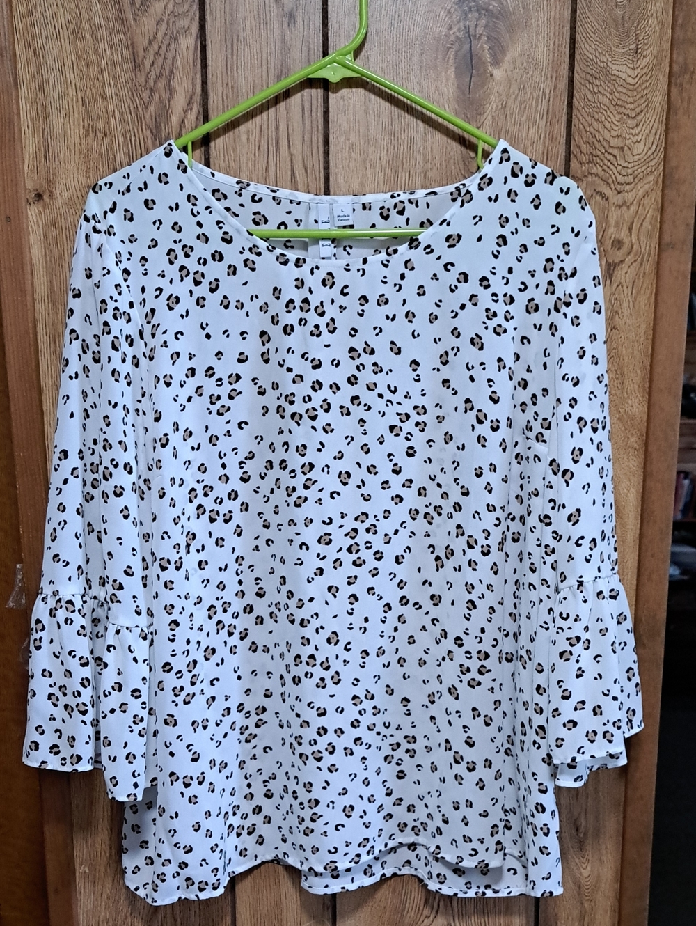 Elle Size L Black and Tan Leopard-Print on Off White Bell  Sleeve Mid Back Pleat